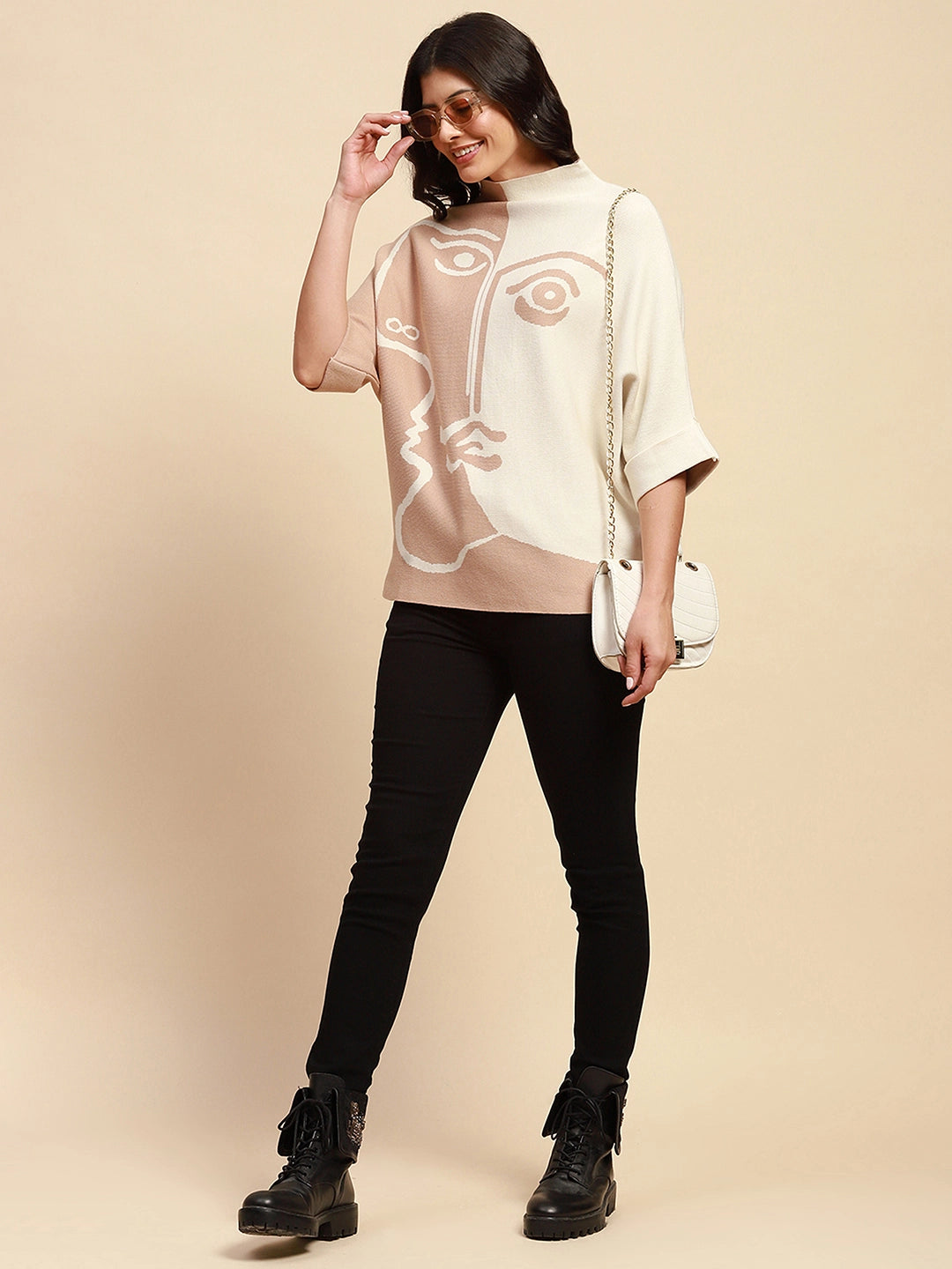 Beige Viscose Blend Loose Fit Pullover For Women