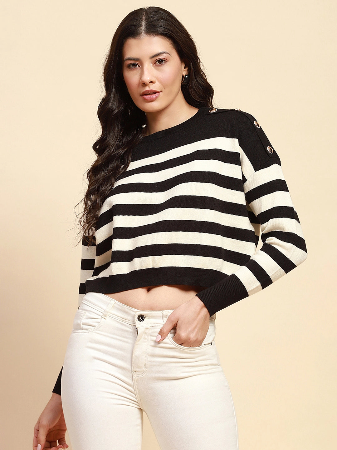 Black Viscose Blend Boxy Fit Crop Pullover For Women