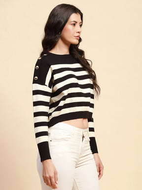 Black Viscose Blend Boxy Fit Crop Pullover For Women