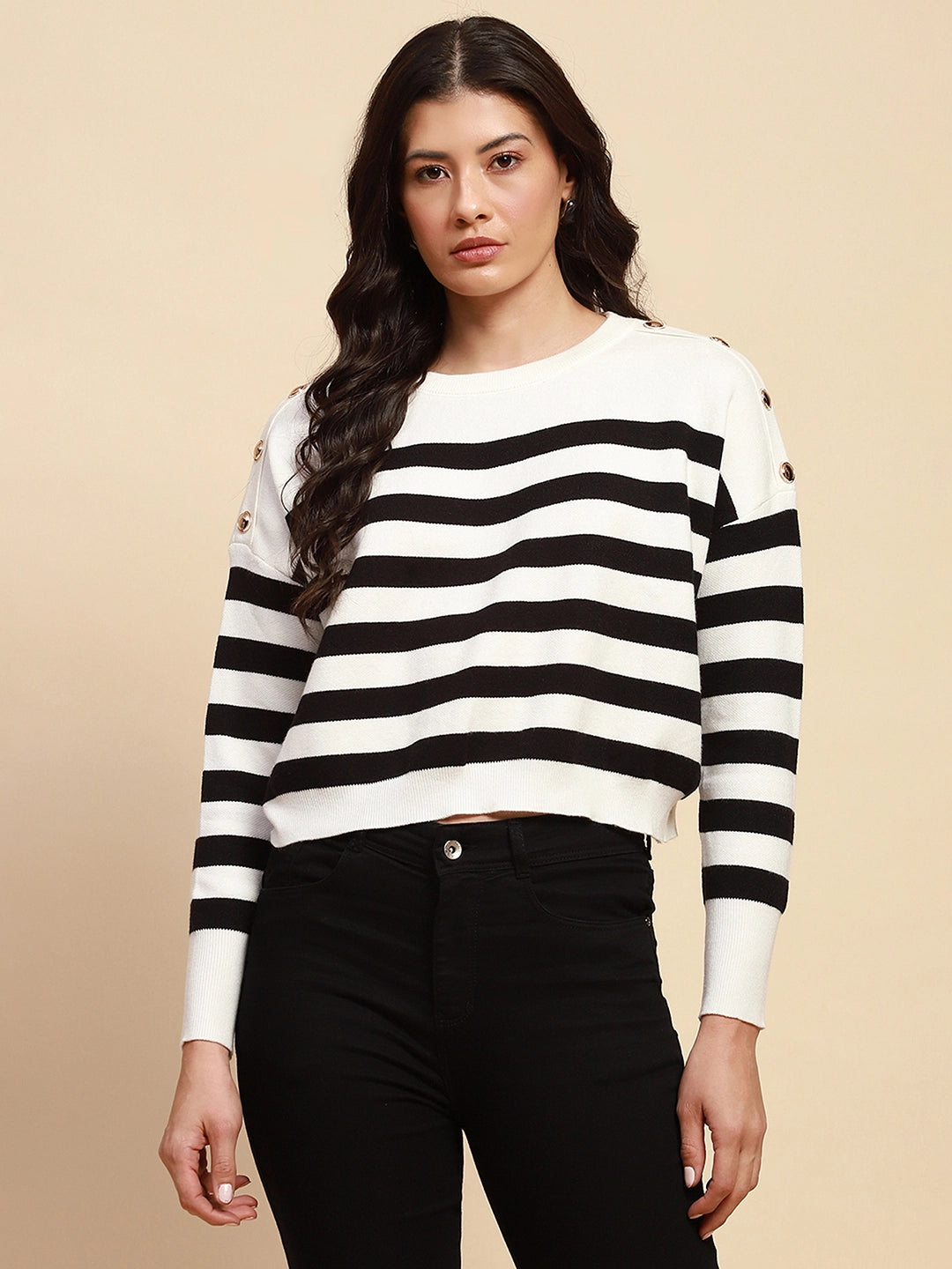 White Viscose Blend Boxy Fit Crop Pullover For Women