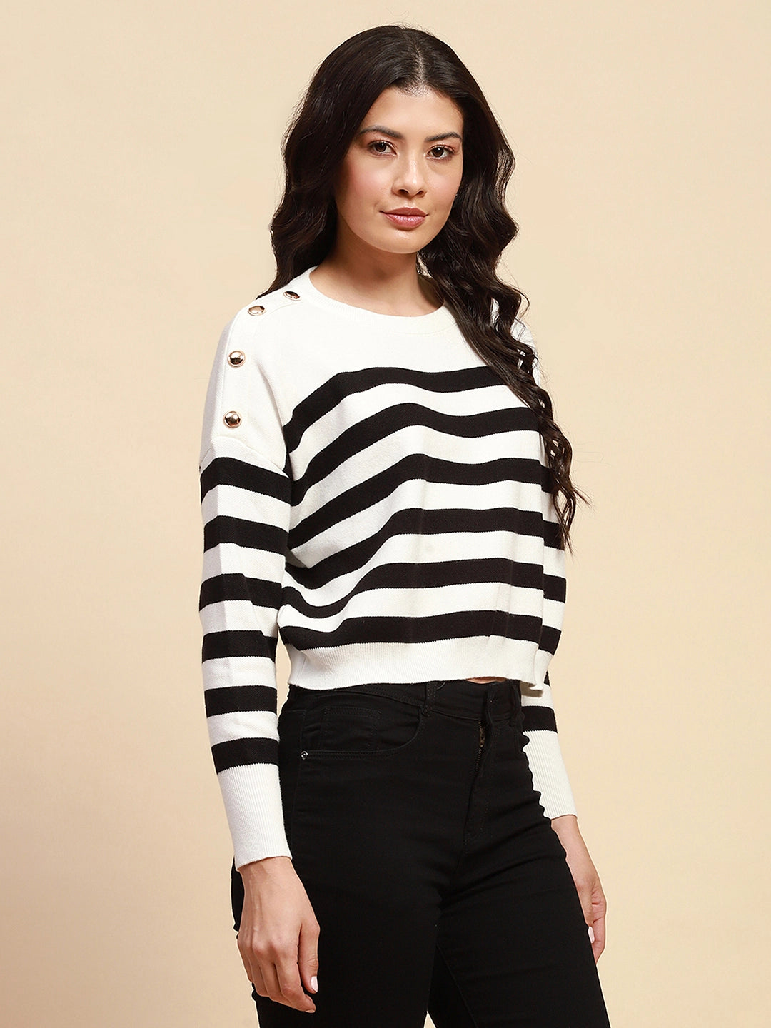 White Viscose Blend Boxy Fit Crop Pullover For Women