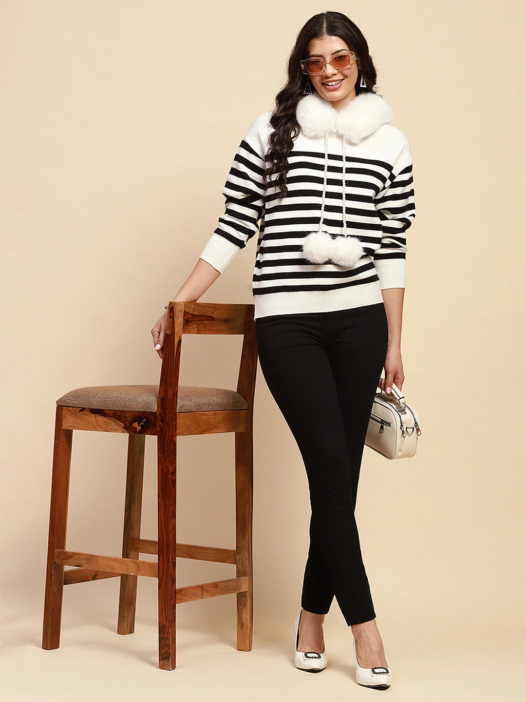 White Viscose Blend Relaxed Fit Pullover For Women