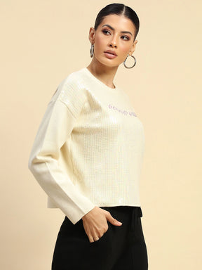 Cream Sequin Poly Viscose Boxy Fit Pullover