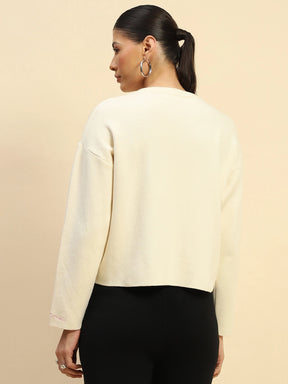 Cream Sequin Poly Viscose Boxy Fit Pullover