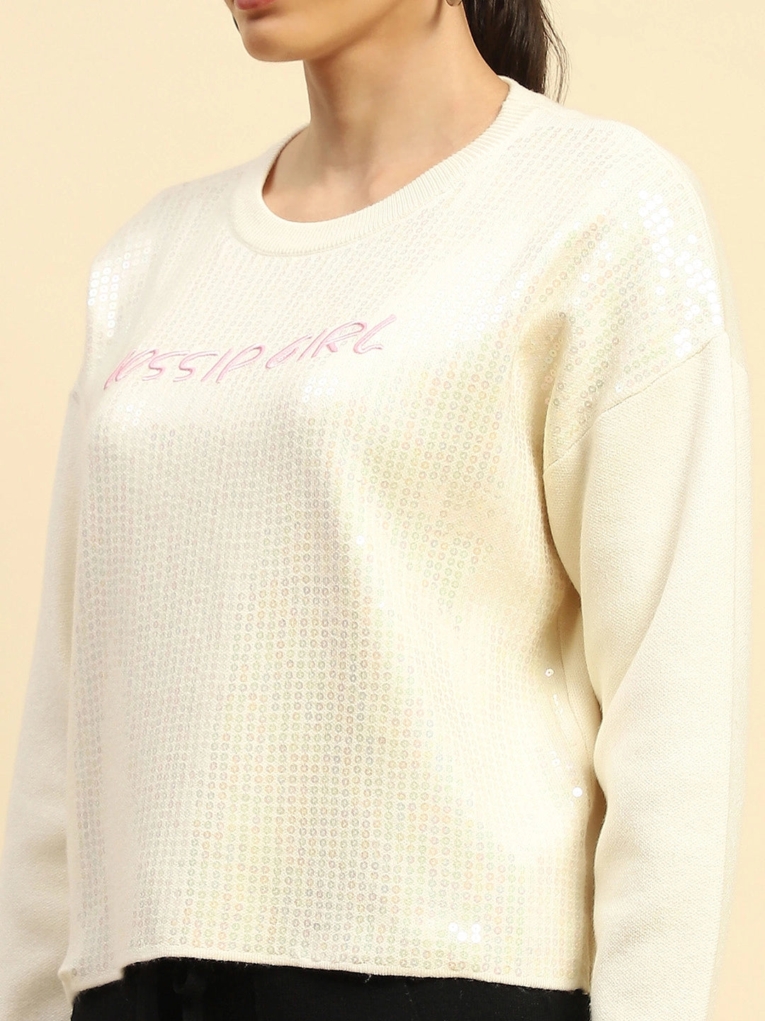 Cream Sequin Poly Viscose Boxy Fit Pullover