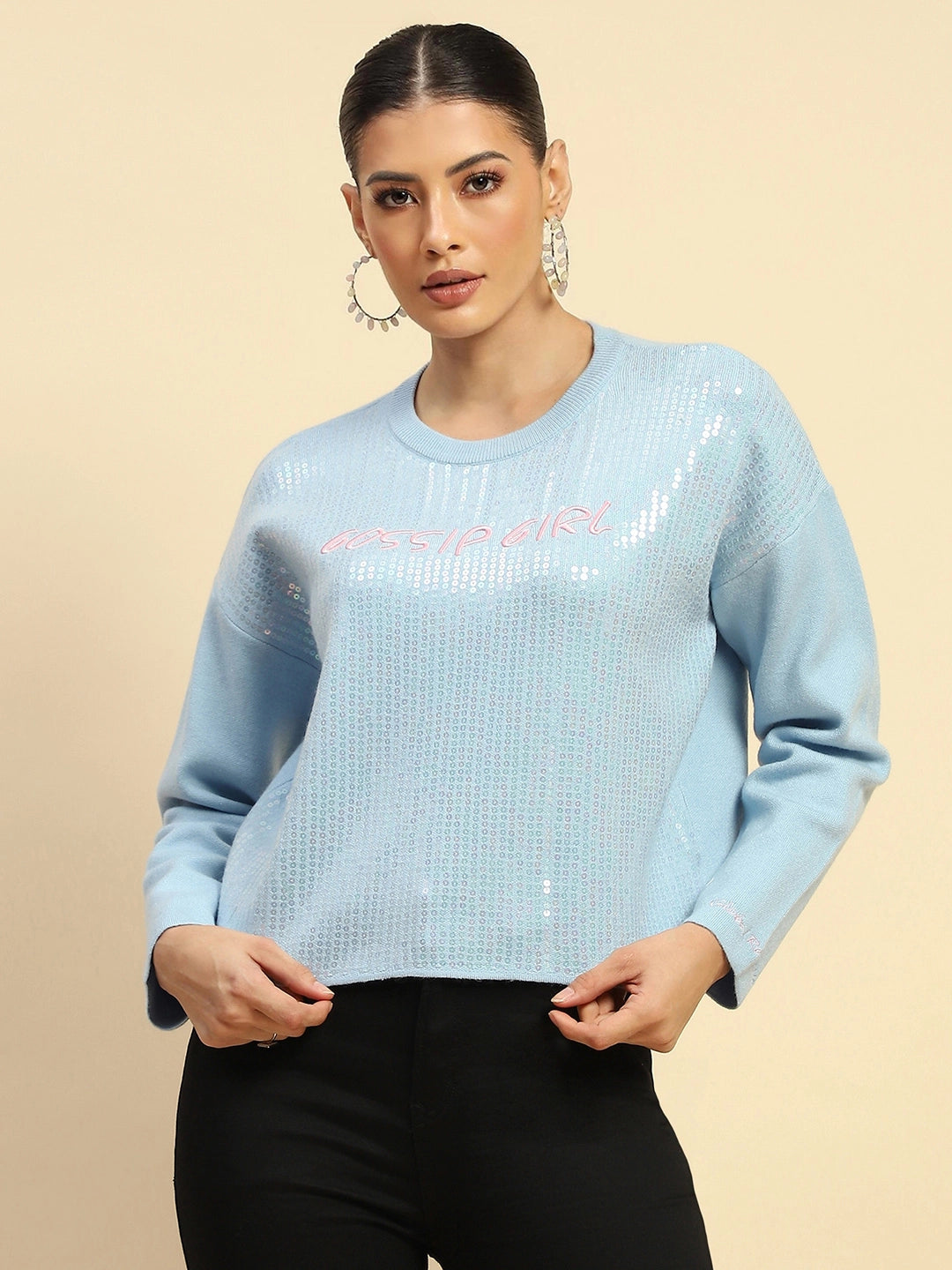 Powder Blue Sequin Poly Viscose Boxy Fit Pullover