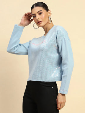 Powder Blue Sequin Poly Viscose Boxy Fit Pullover