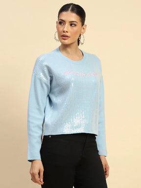 Powder Blue Sequin Poly Viscose Boxy Fit Pullover