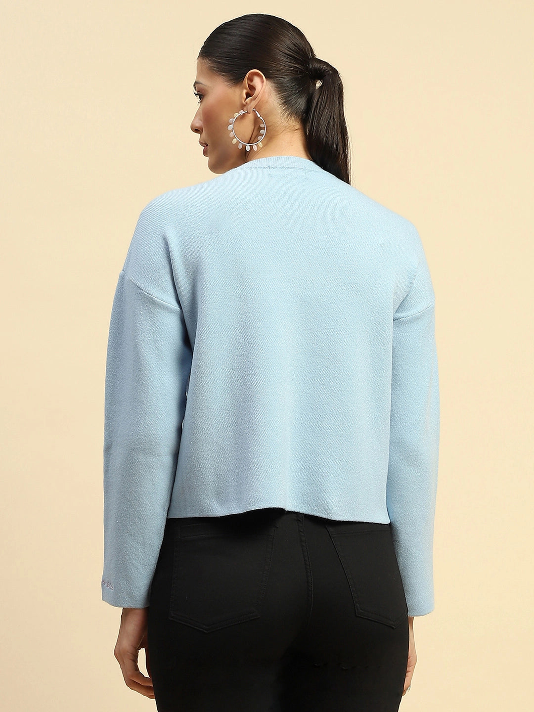 Powder Blue Sequin Poly Viscose Boxy Fit Pullover