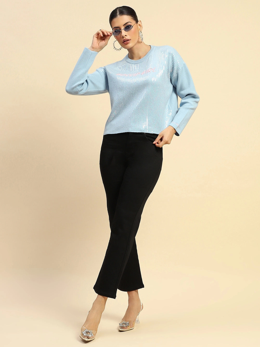 Powder Blue Sequin Poly Viscose Boxy Fit Pullover