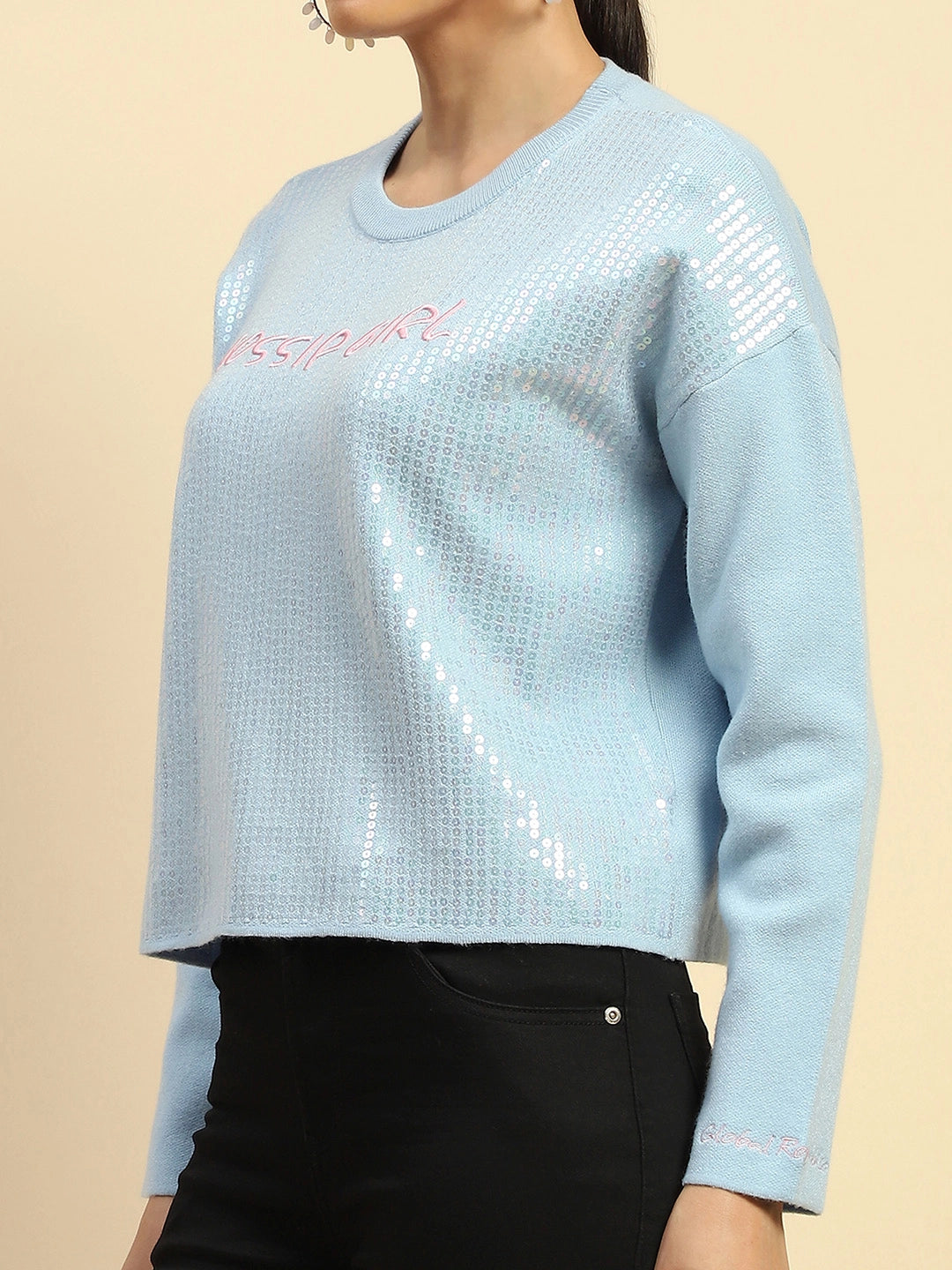 Powder Blue Sequin Poly Viscose Boxy Fit Pullover