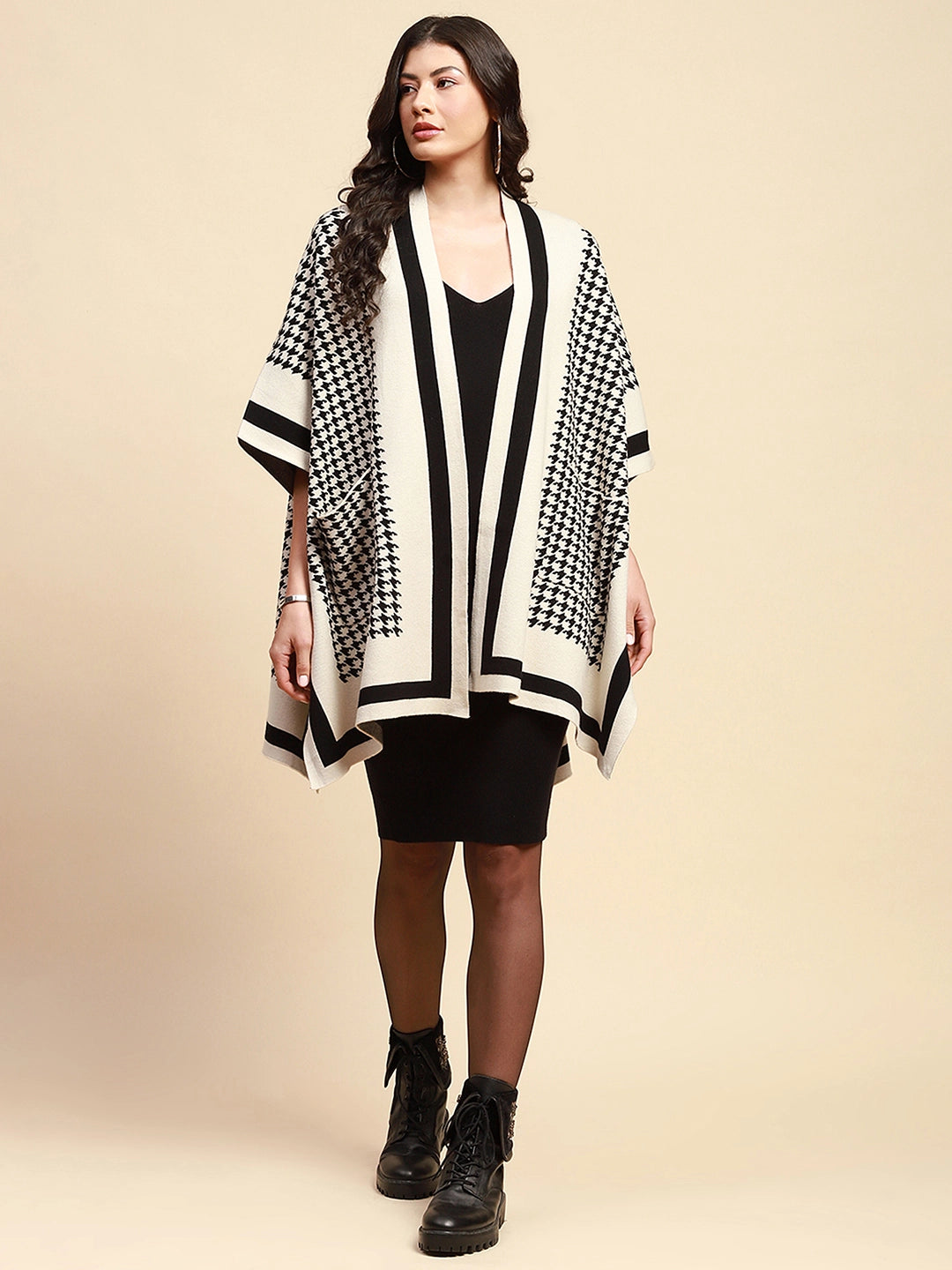 Off White Viscose Blend Loose Fit Winter Shrug For Women