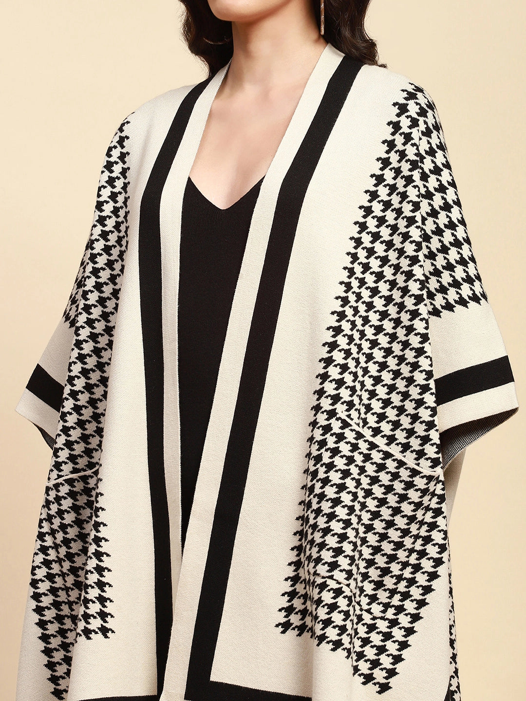 Off White Viscose Blend Loose Fit Winter Shrug For Women