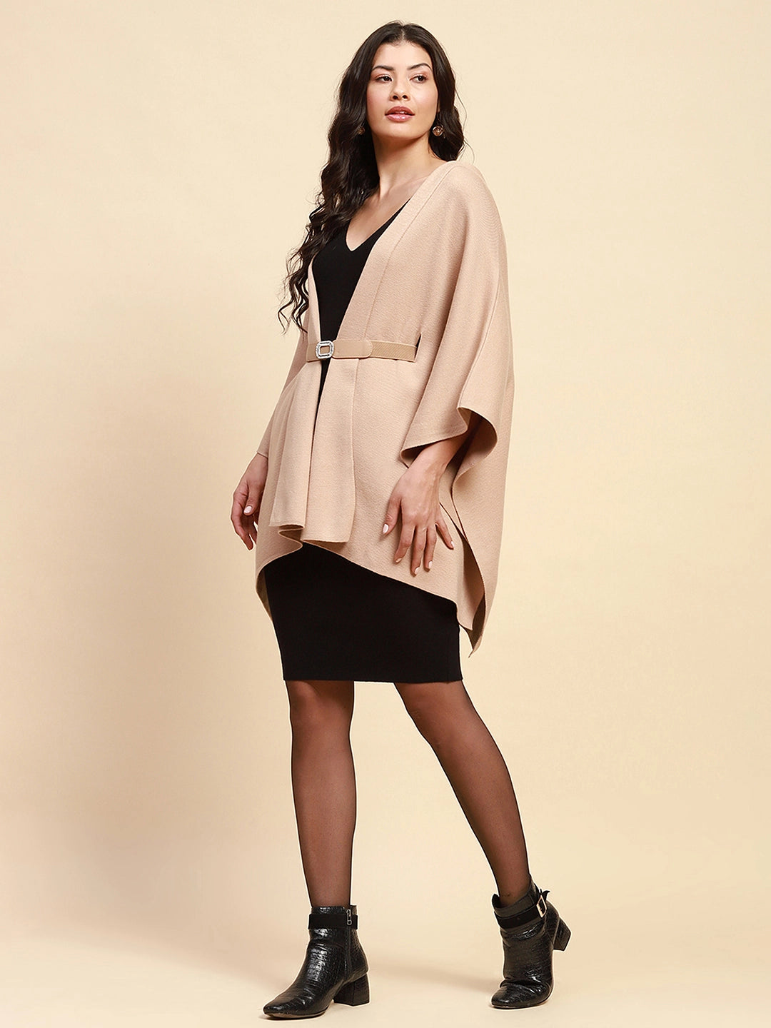 Beige Viscose Blend Loose Fit Winter Shrug For Women