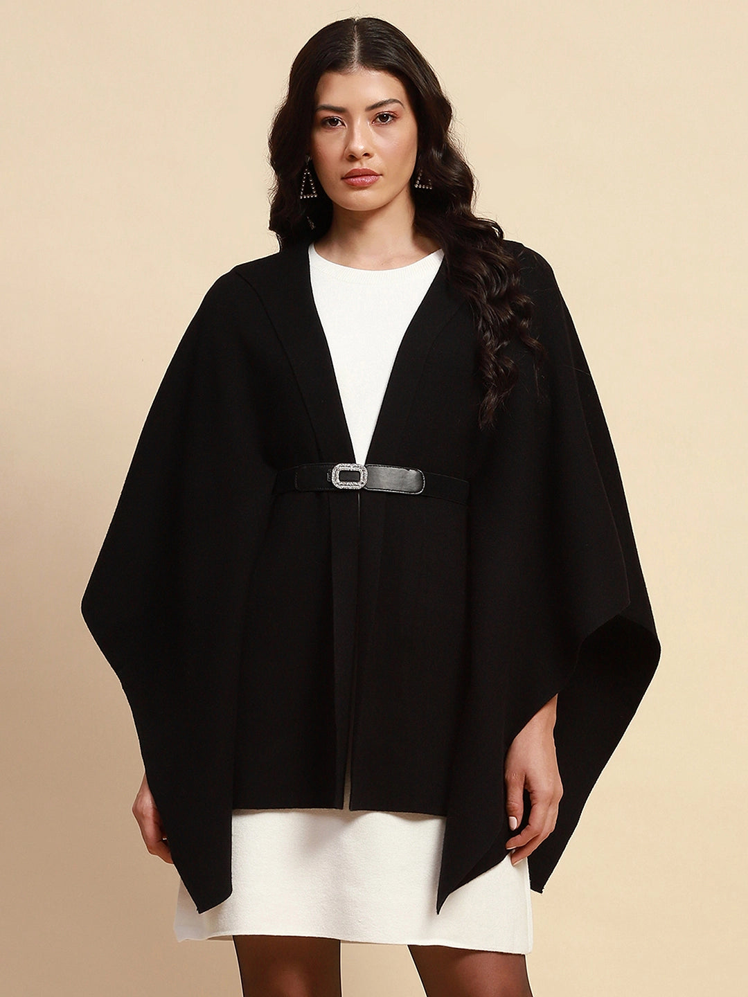 Black Viscose Blend Loose Fit Winter Shrug For Women