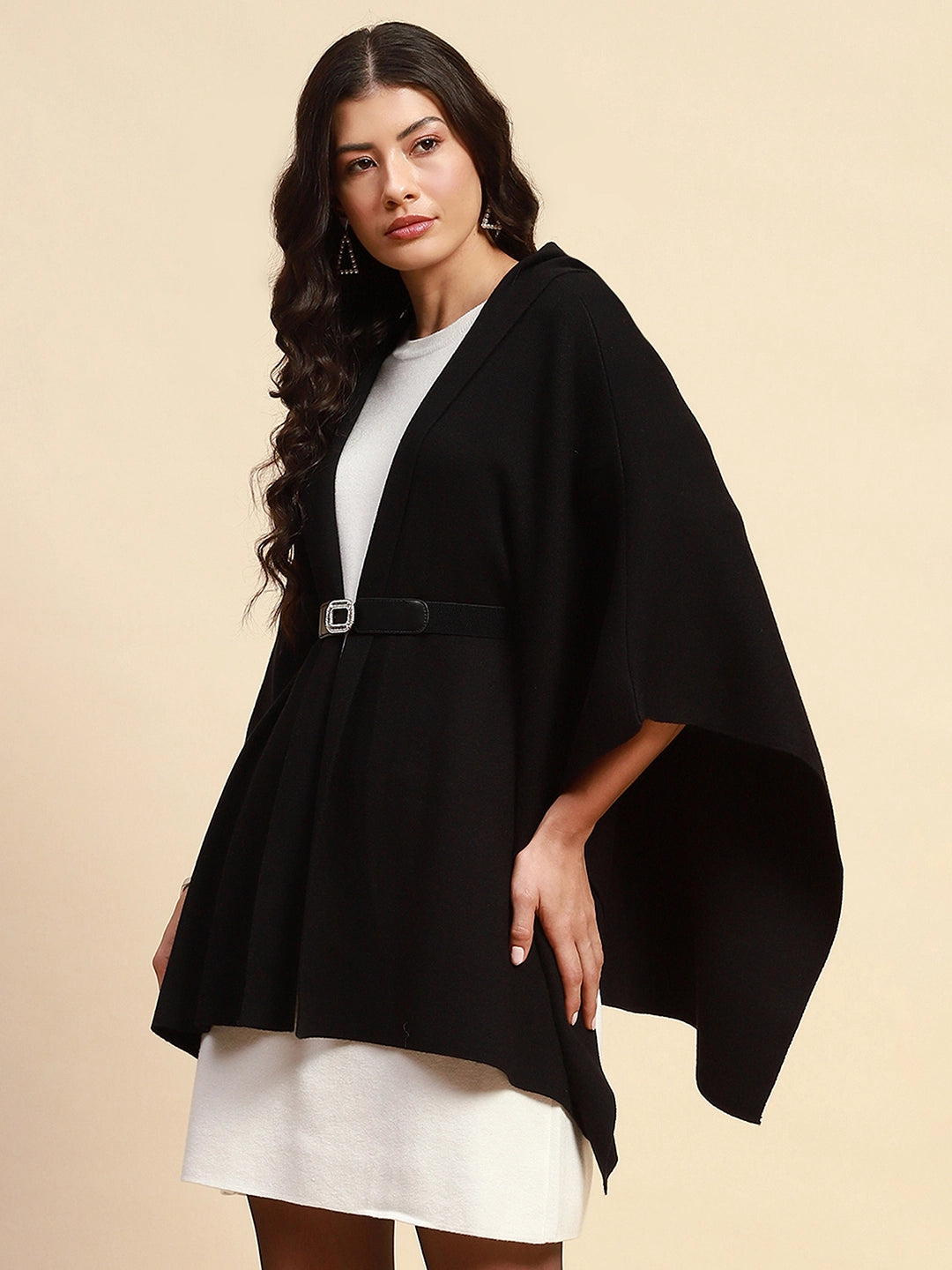 Black Viscose Blend Loose Fit Winter Shrug For Women