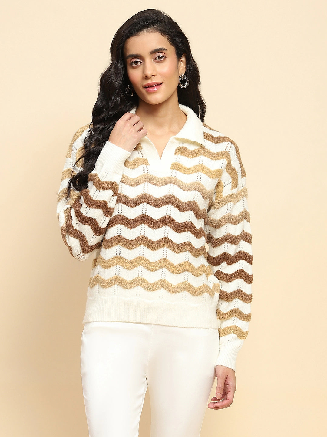 Brown Polyester Blend Regular Fit Pullover For Women