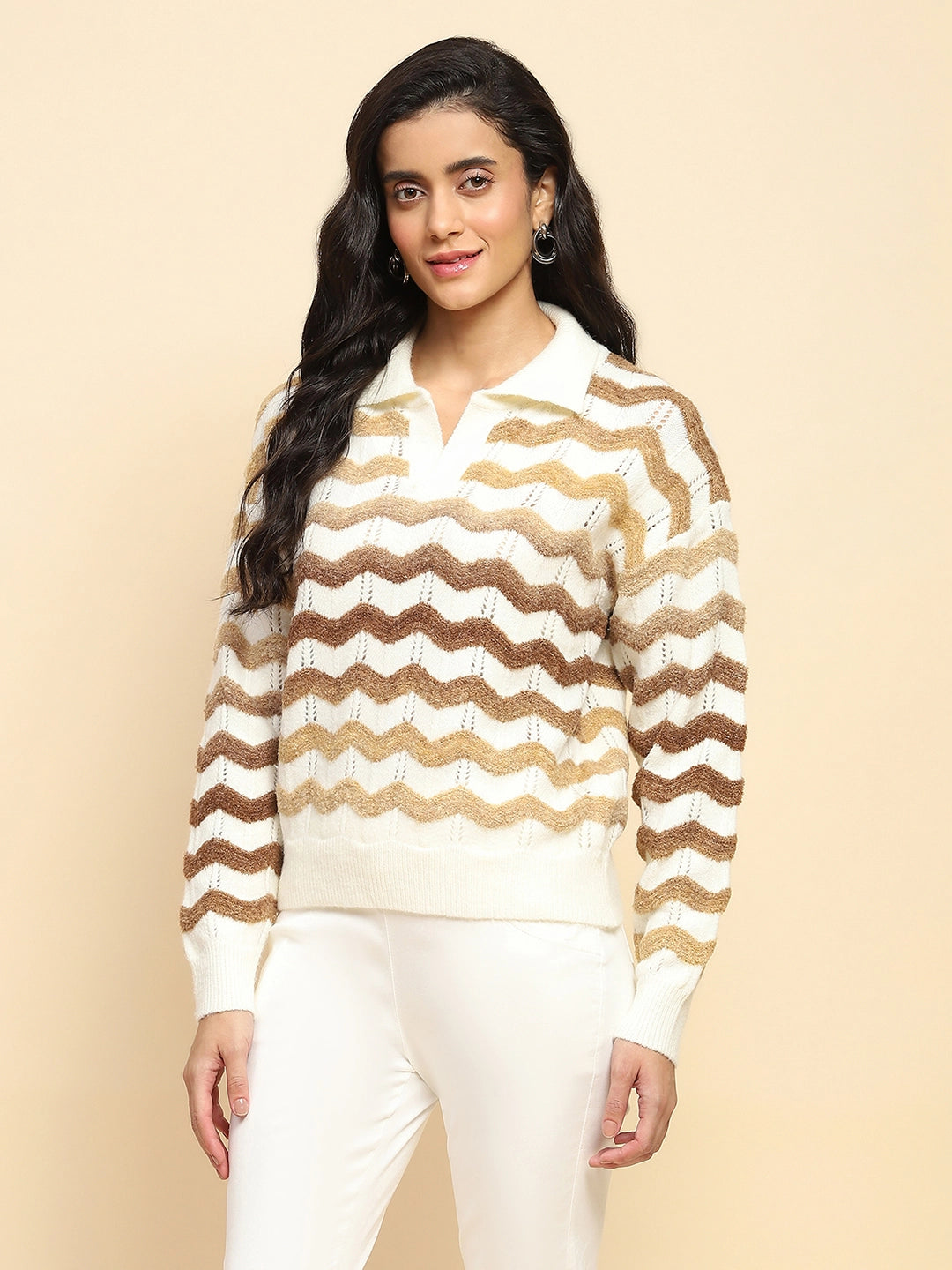 Brown Polyester Blend Regular Fit Pullover For Women