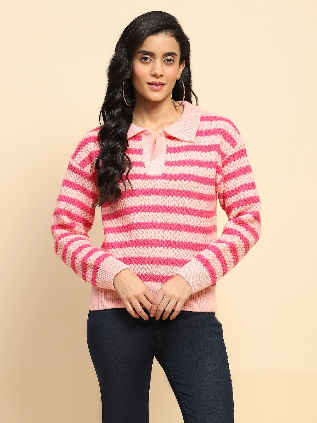 Fuchsia Poly Blend Regular Fit Pullover For Women