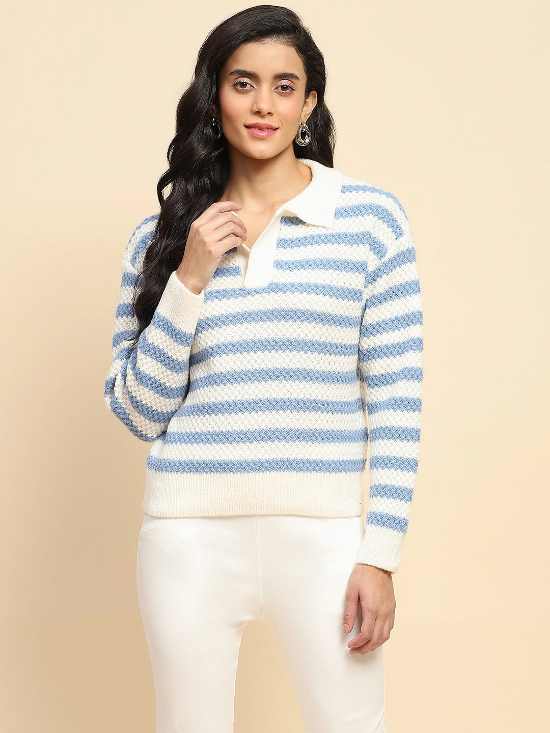 Sky Blue Polyester Blend Regular Fit Pullover For Women