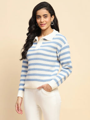 Sky Blue Polyester Blend Regular Fit Pullover For Winter