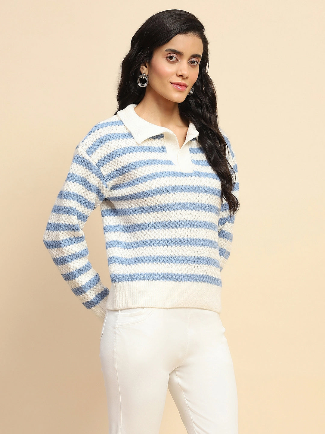 Sky Blue Polyester Blend Regular Fit Pullover For Winter