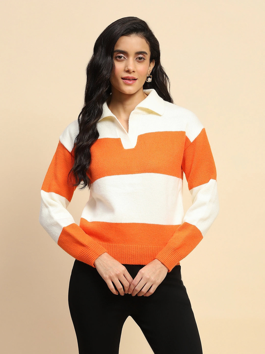 Orange Polyester Blend Relaxed Fit Pullover For Women