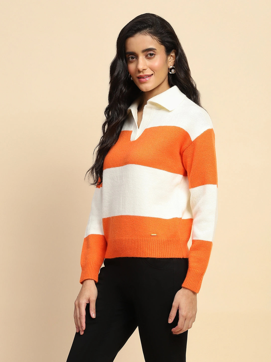 Orange Polyester Blend Relaxed Fit Pullover For Women