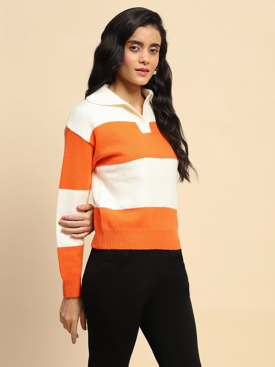 Orange Polyester Blend Relaxed Fit Pullover For Winter