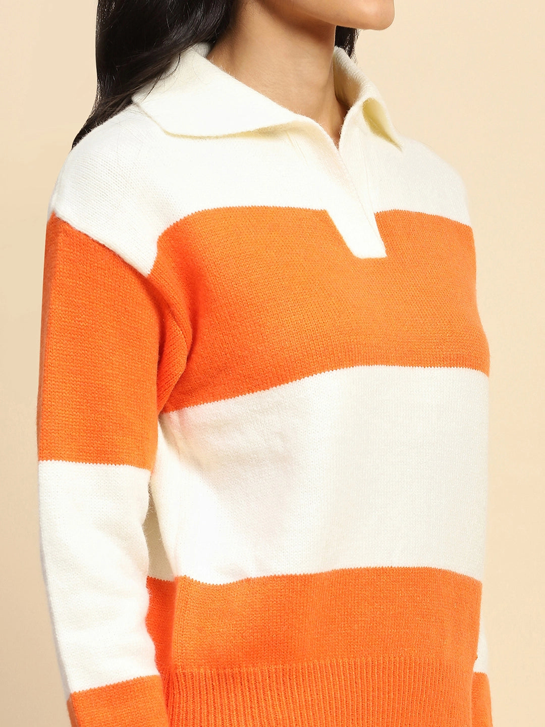 Orange Polyester Blend Relaxed Fit Pullover For Winter