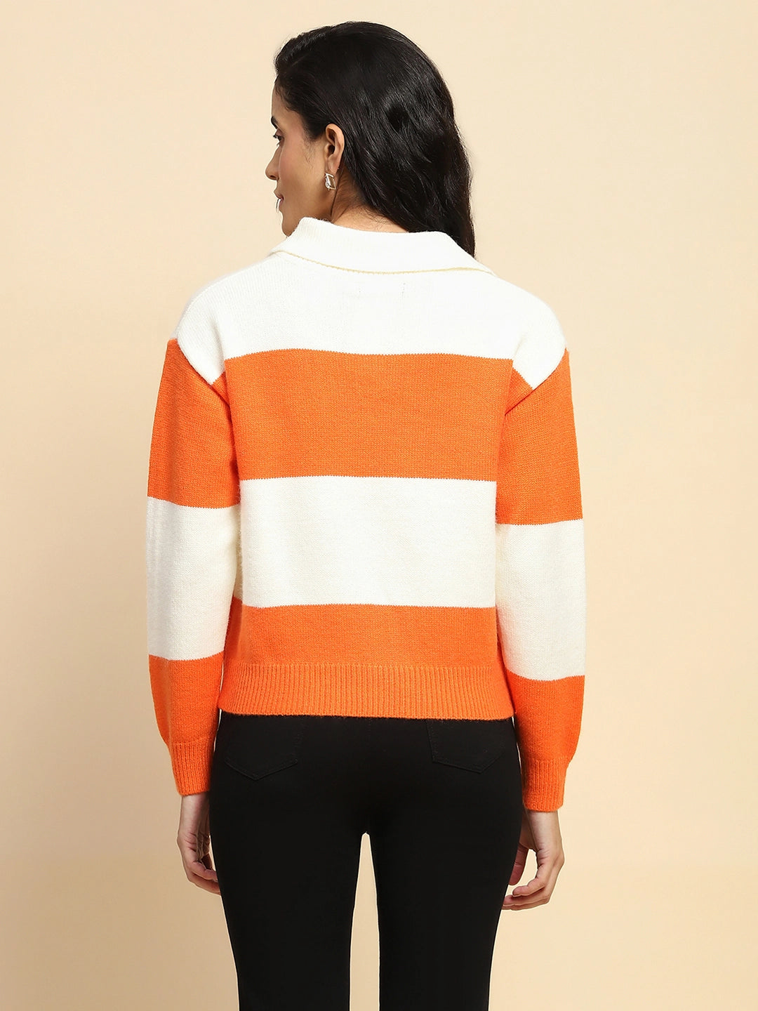 Orange Polyester Blend Relaxed Fit Pullover For Winter