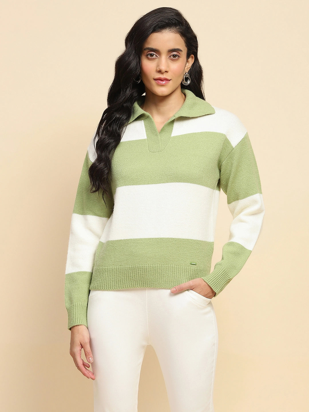 Sage Green Polyester Blend Relaxed Fit Pullover For Women