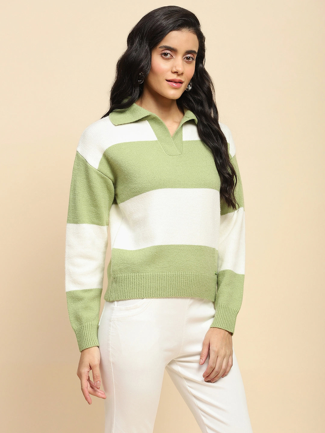 Sage Green Polyester Blend Relaxed Fit Pullover For Women