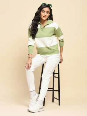 Sage Green Polyester Blend Relaxed Fit Pullover For Women