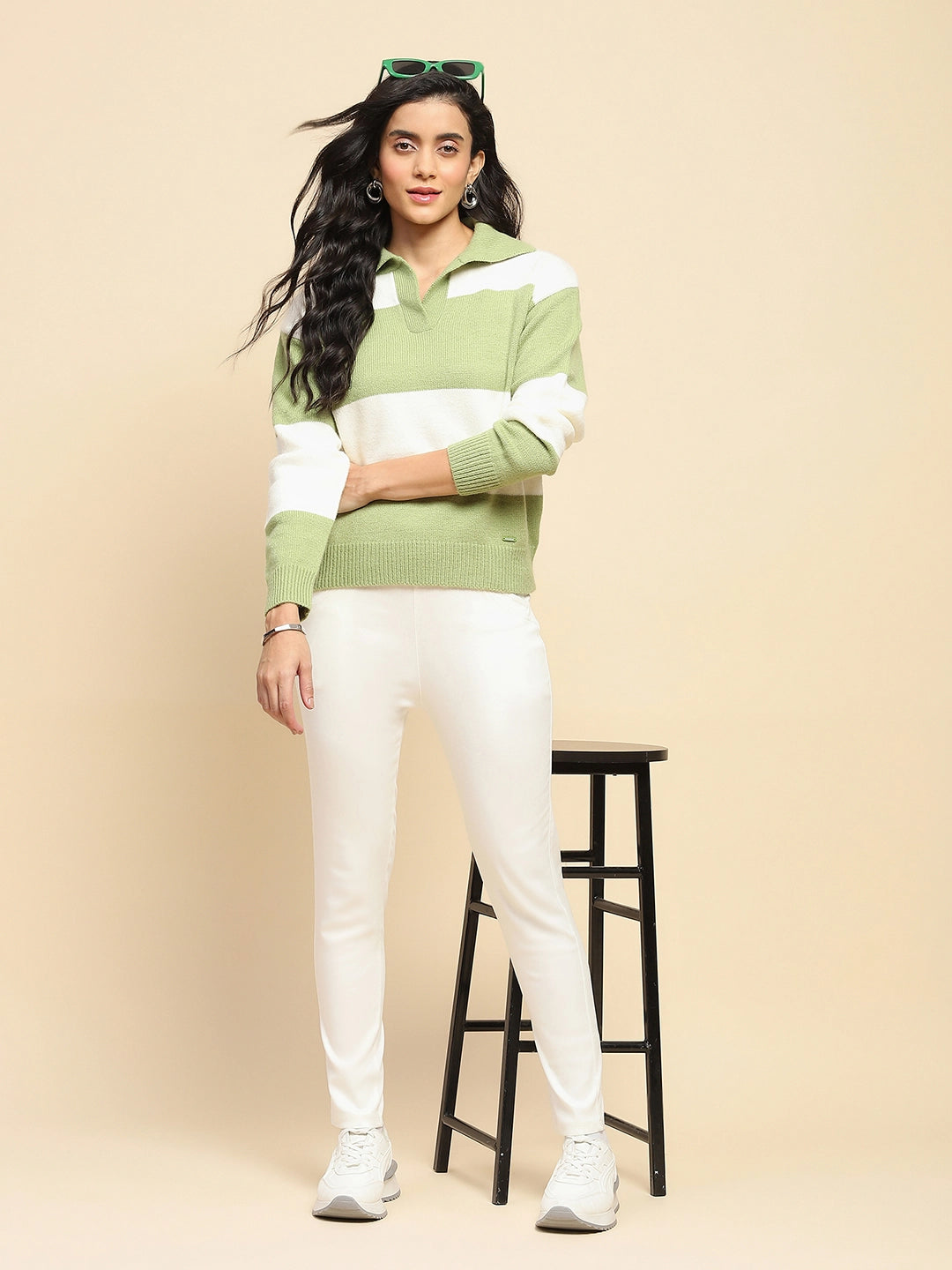 Sage Green Polyester Blend Relaxed Fit Pullover For Women