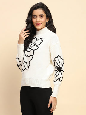 Off White Polyester Blend Regular Fit Pullover For Women