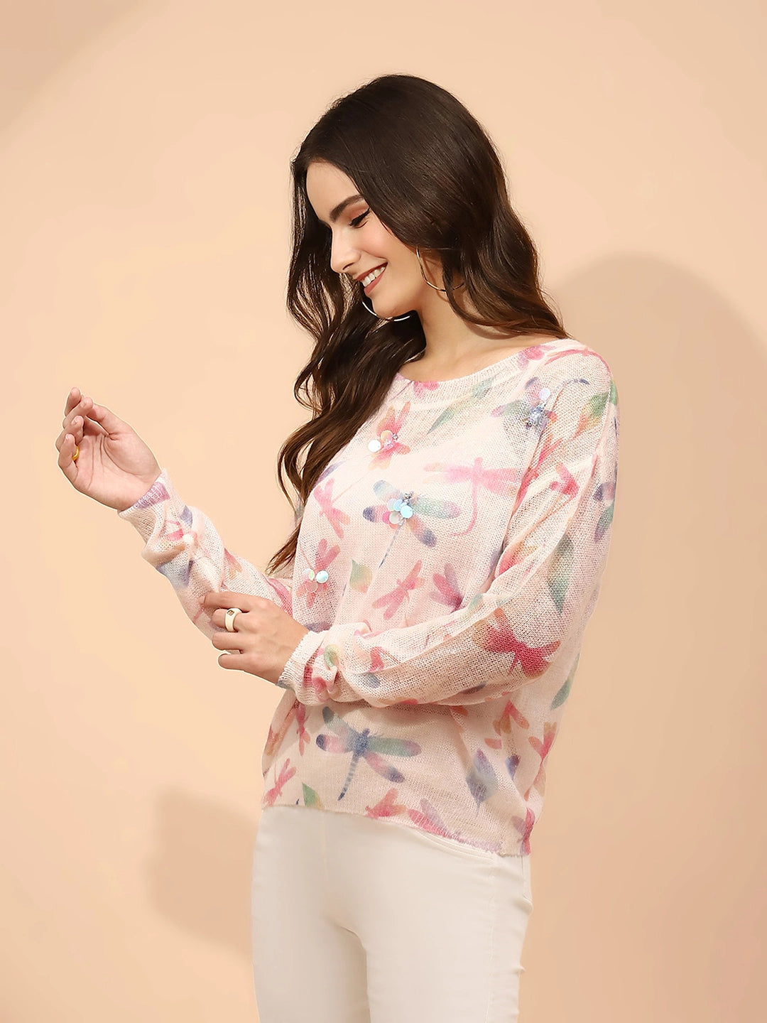 Peach Polyester Blend Relaxed Fit Pullover For Women