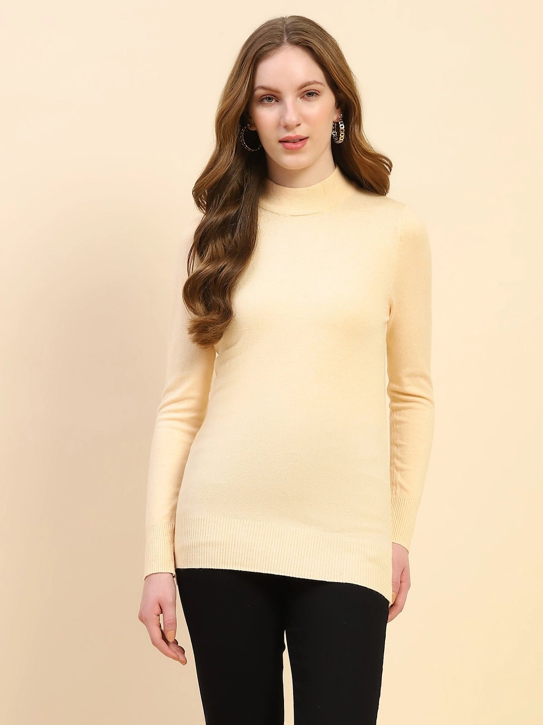 Light Peach Solid Poly Blend High Neck Skivvy Pullover