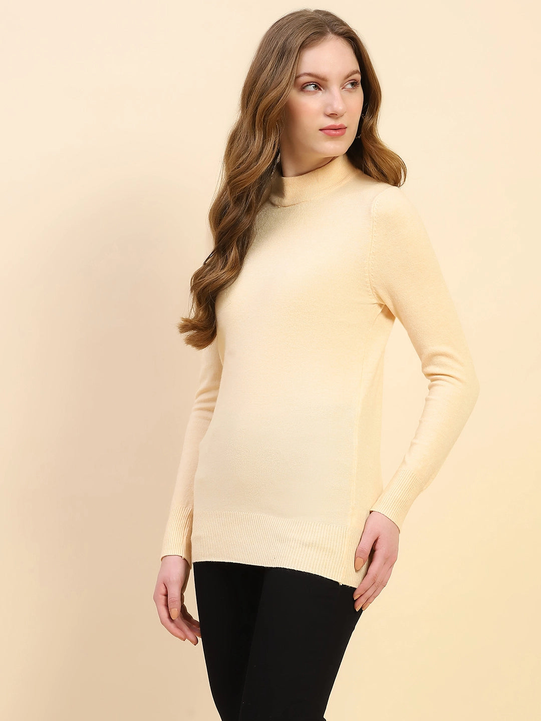 Light Peach Solid Poly Blend High Neck Skivvy Pullover