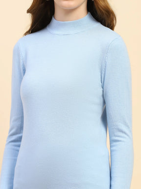 Sky Blue Solid Poly Blend High Neck Skivvy Pullover