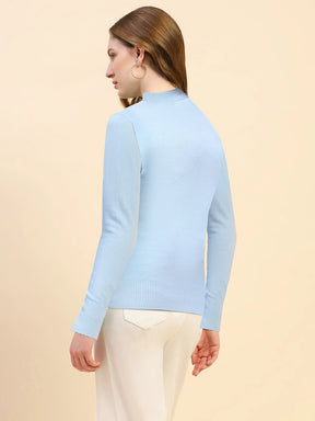 Sky Blue Solid Poly Blend High Neck Skivvy Pullover