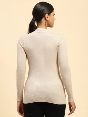 Sand Brown Solid Poly Blend High Neck Skivvy Pullover