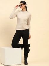 Sand Brown Solid Poly Blend High Neck Skivvy Pullover