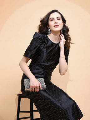 Black Polyester Blend Slim Fit Dress For Women