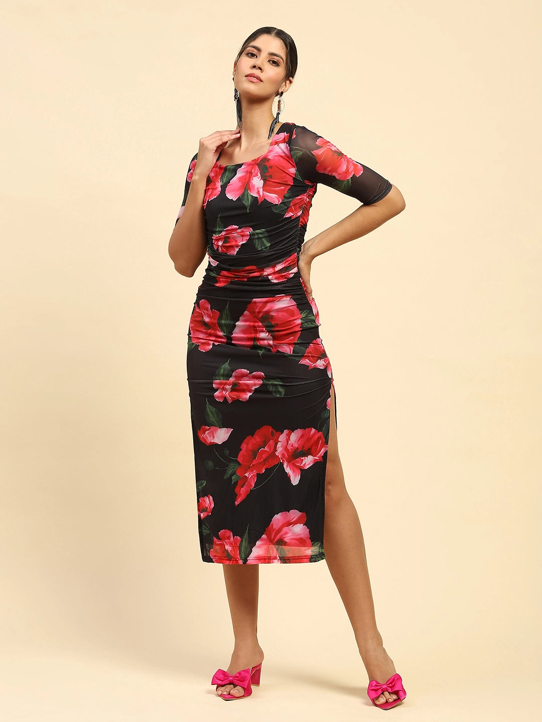 Black Floral Print Poly Blend Slim Fit Dress