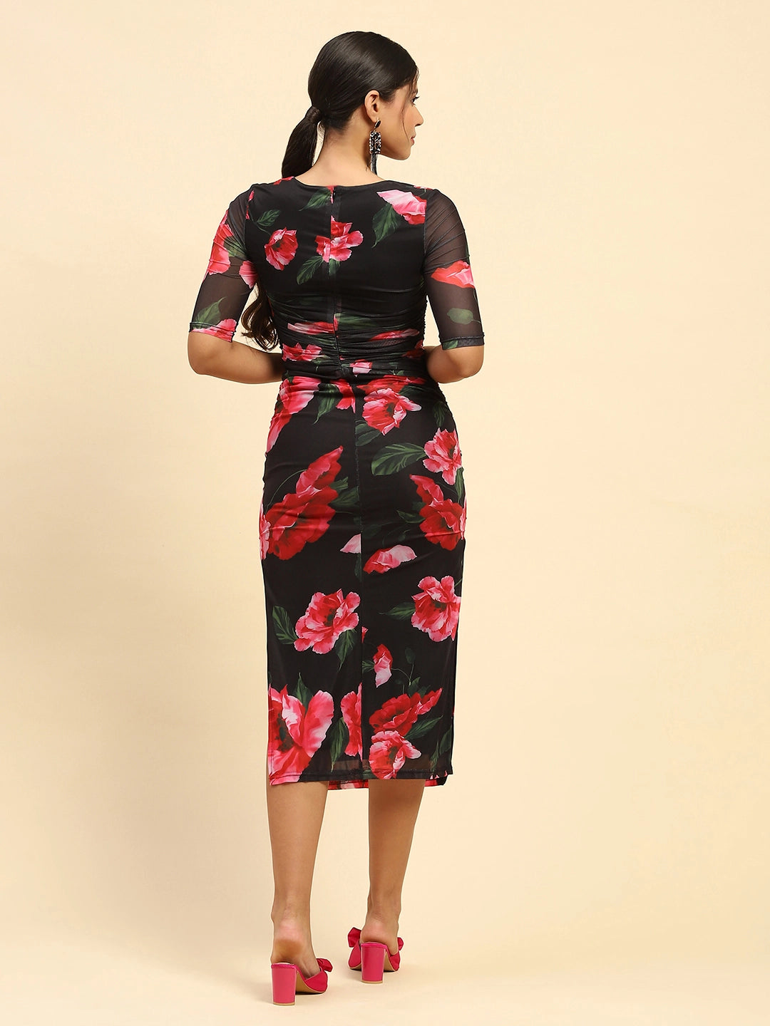 Black Floral Print Poly Blend Slim Fit Dress