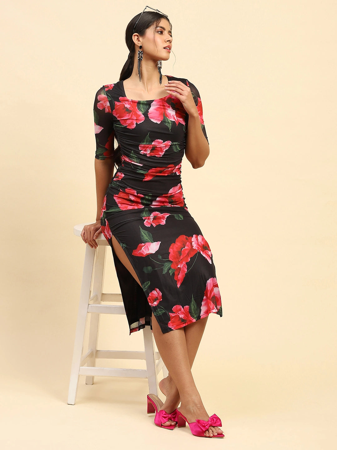 Black Floral Print Poly Blend Slim Fit Dress