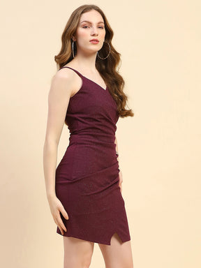 Wine Sparkle Solid Poly Blend Slim Fit Mini Dress