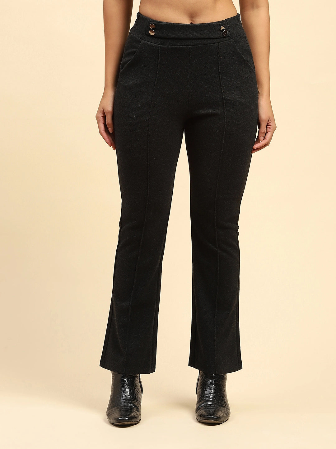 Black Solid Poly Viscose Relaxed Fit Trouser For Winter