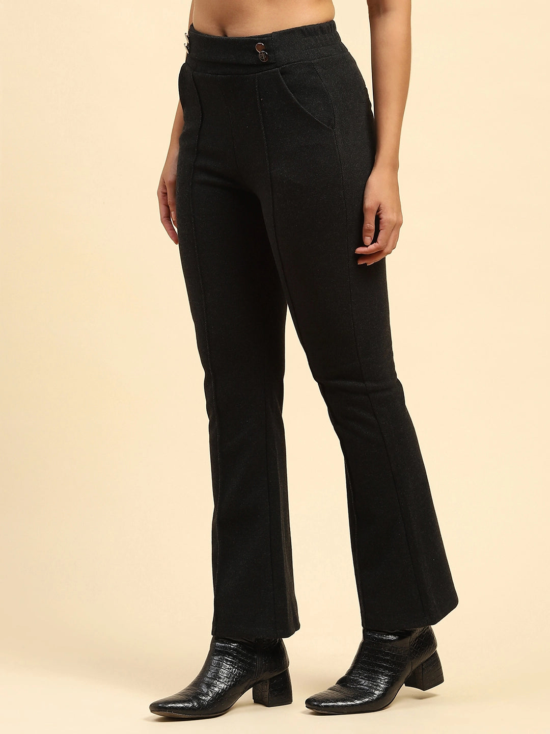 Black Solid Poly Viscose Relaxed Fit Trouser For Winter